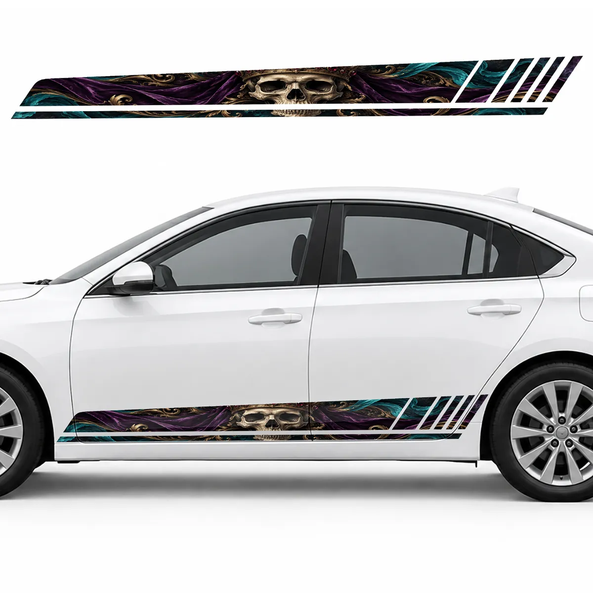 Crowned Skull in Violet and Turquoise Ribbons GT racing side door stripes decals stickers for Cars
