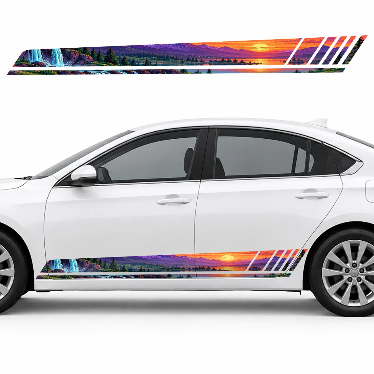Pixel Art Panorama of Violet Mountains at Sunset GT racing side door stripes decals stickers for Cars