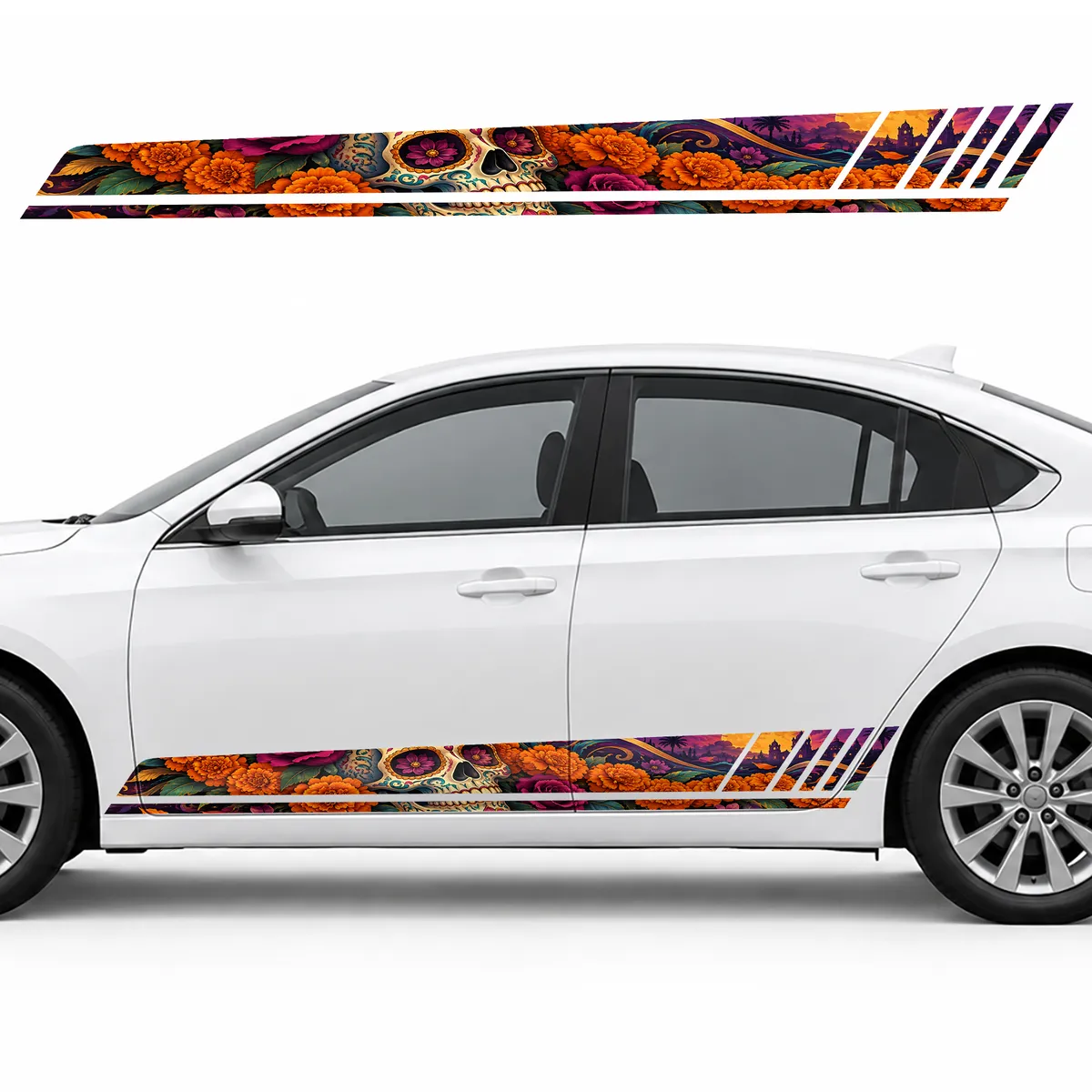 Festive Sugar Skull in Flowers GT racing side door stripes decals stickers for Cars