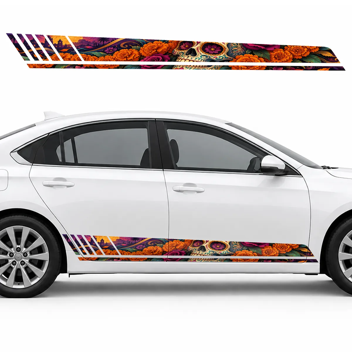 Festive Sugar Skull in Flowers GT racing side door stripes, view 2 of 4