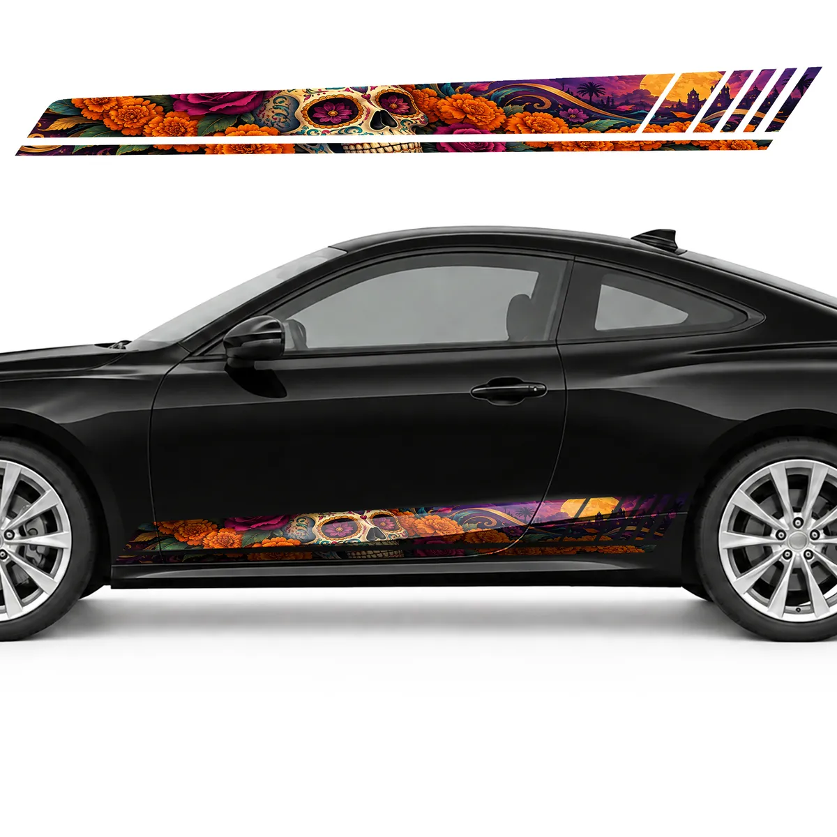 Festive Sugar Skull in Flowers GT racing side door stripes, view 3 of 4