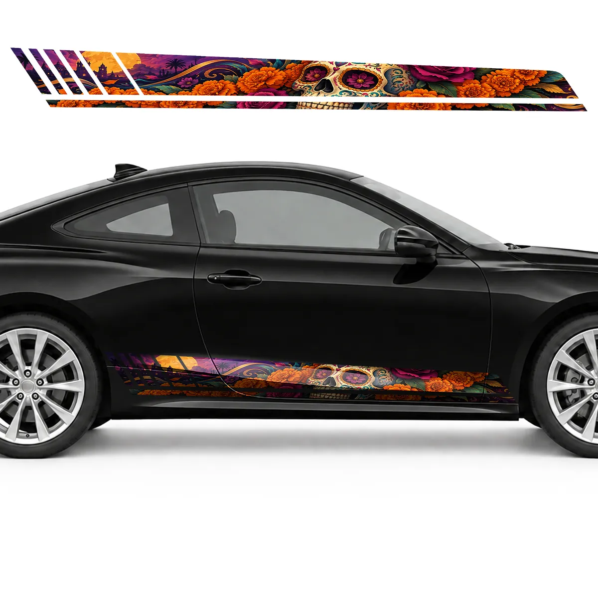 Festive Sugar Skull in Flowers GT racing side door stripes, view 4 of 4