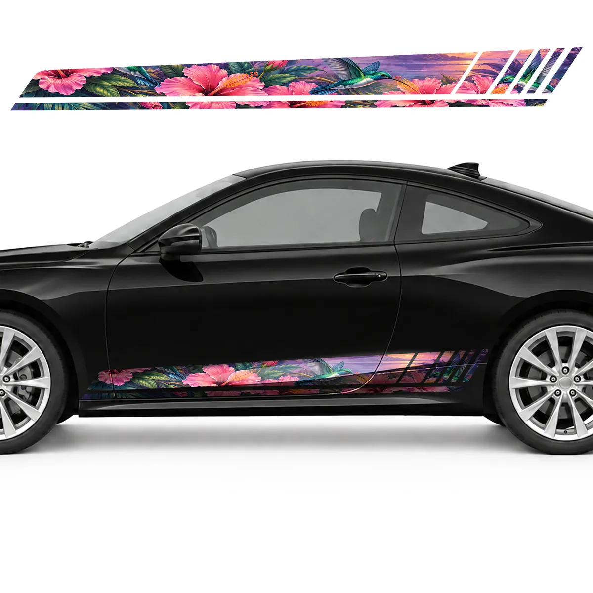 Emerald Hummingbirds over Pink Hibiscus GT racing side door, view 3 of 4