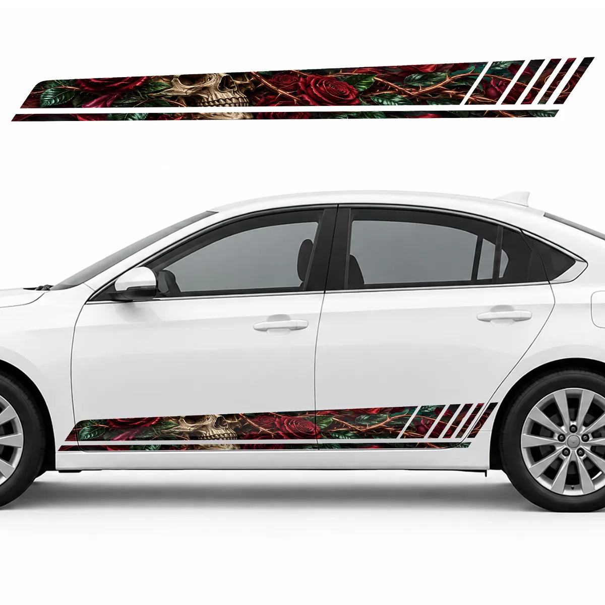 Skull in Crimson Roses GT racing side door stripes decals stickers for Cars