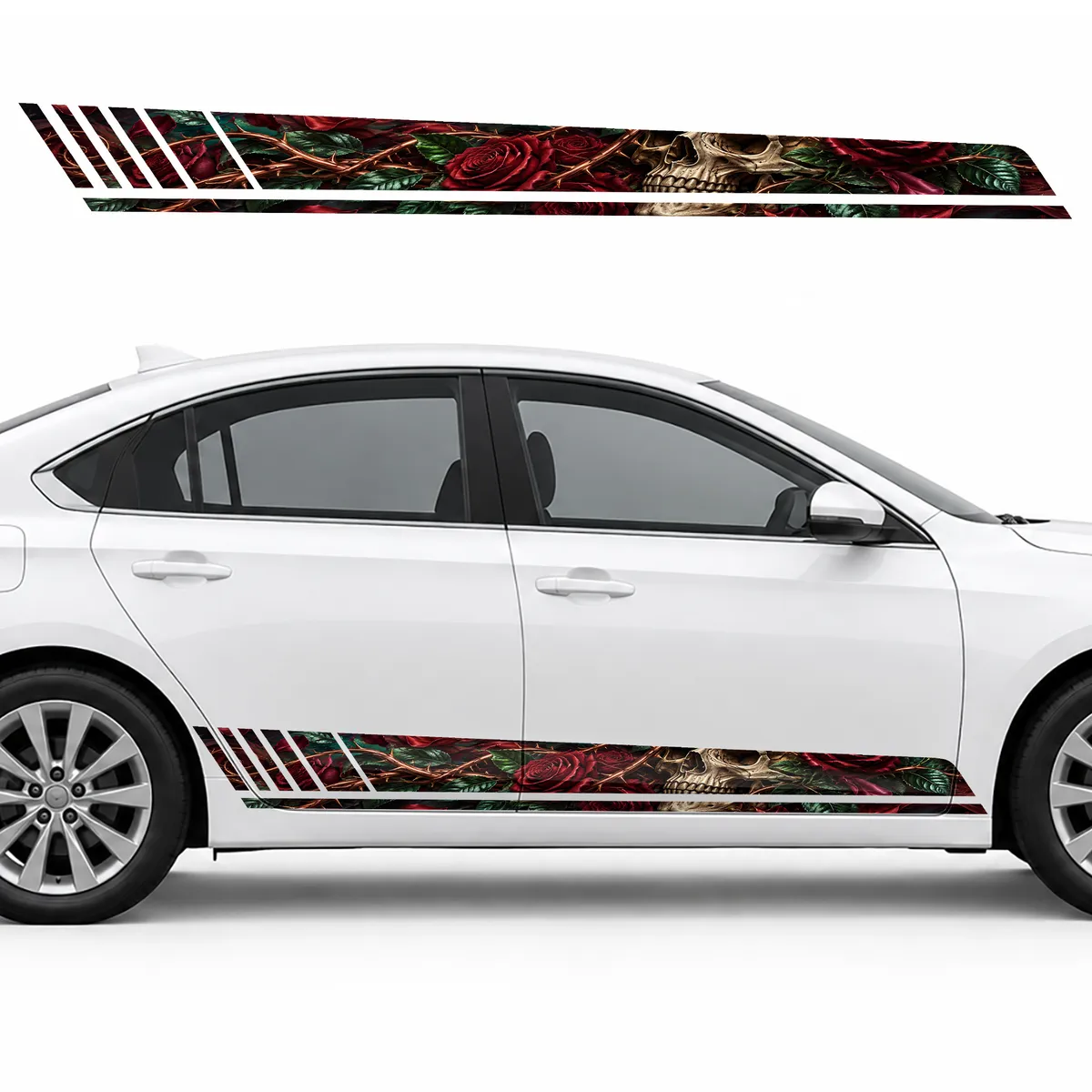 Skull in Crimson Roses GT racing side door stripes decals, view 2 of 4