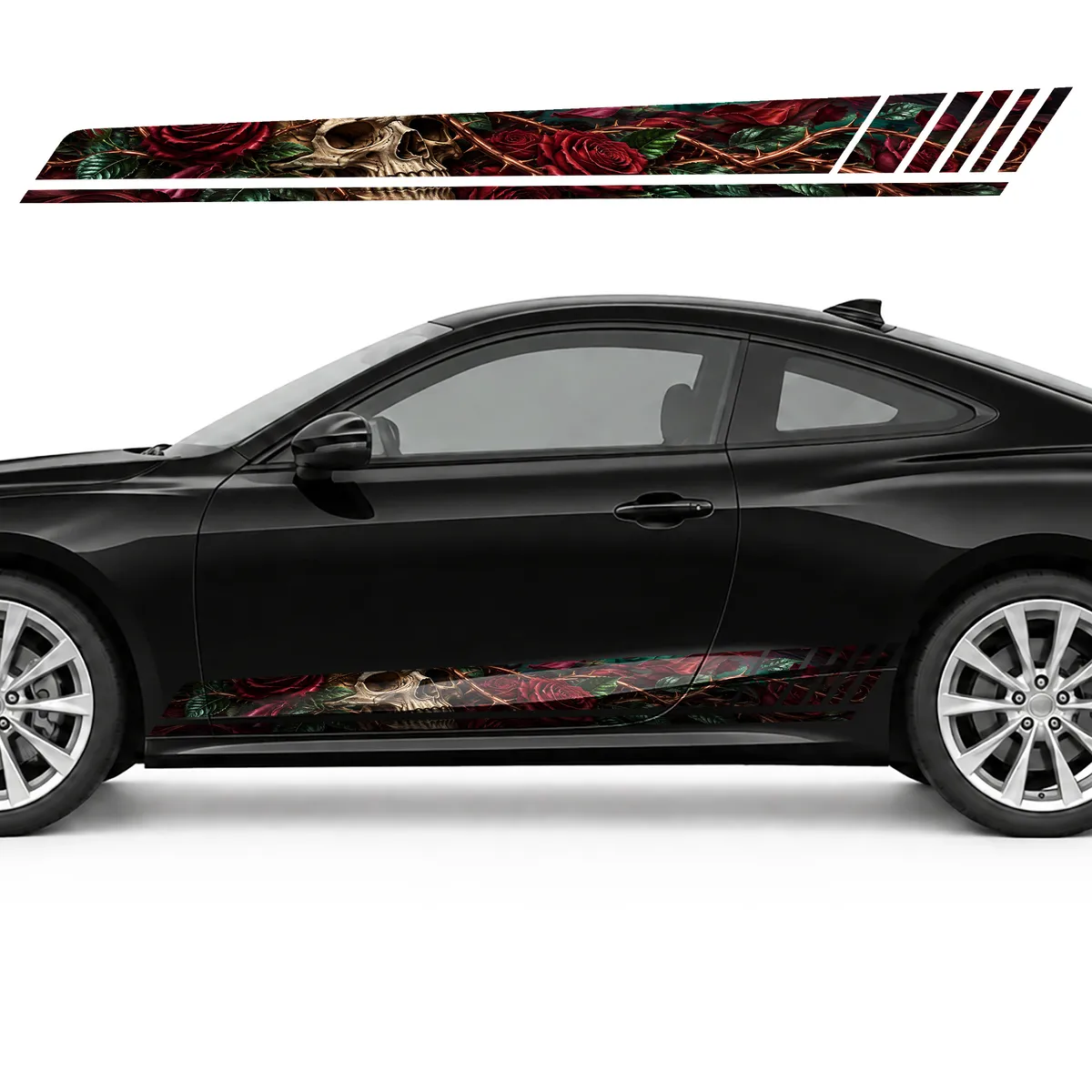 Skull in Crimson Roses GT racing side door stripes decals, view 3 of 4