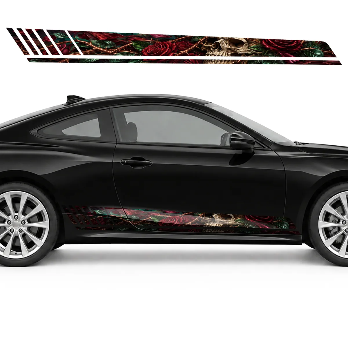 Skull in Crimson Roses GT racing side door stripes decals, view 4 of 4