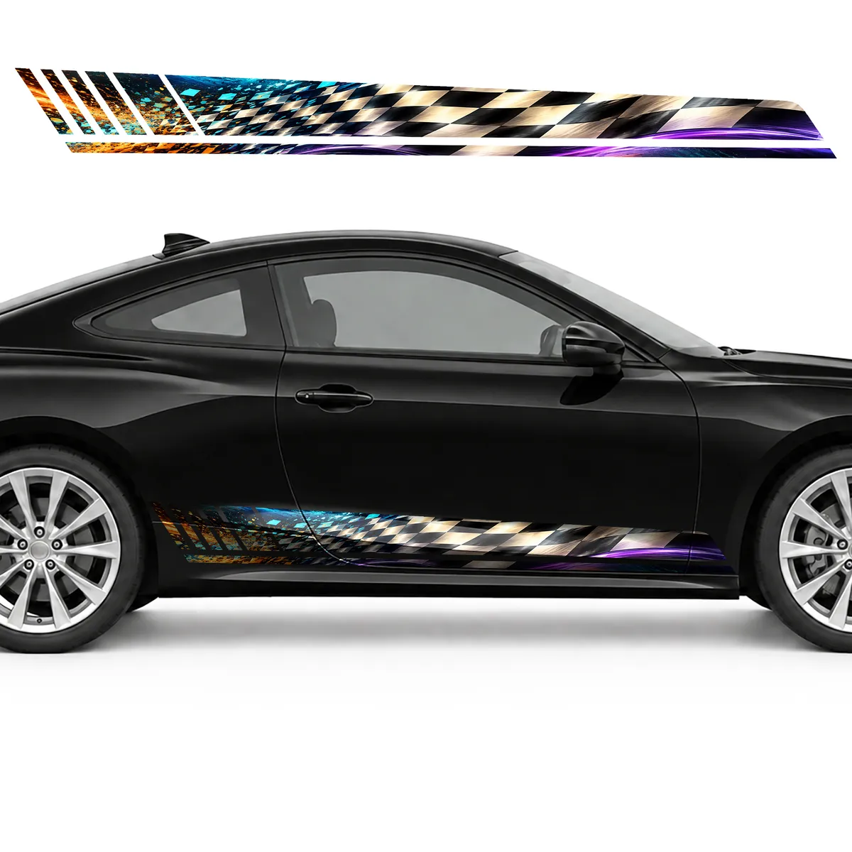 Checkered Swirl of Cyan, Orange and Violet GT racing side, view 4 of 4