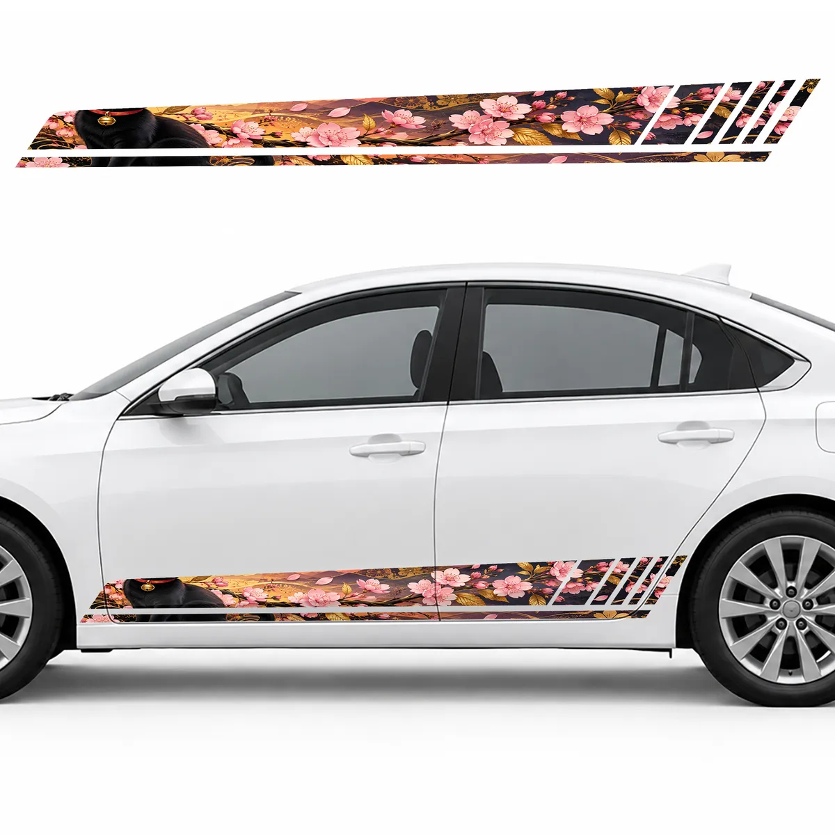 Lucky Black Cat on a Blossoming Branch GT racing side door stripes decals stickers for Cars