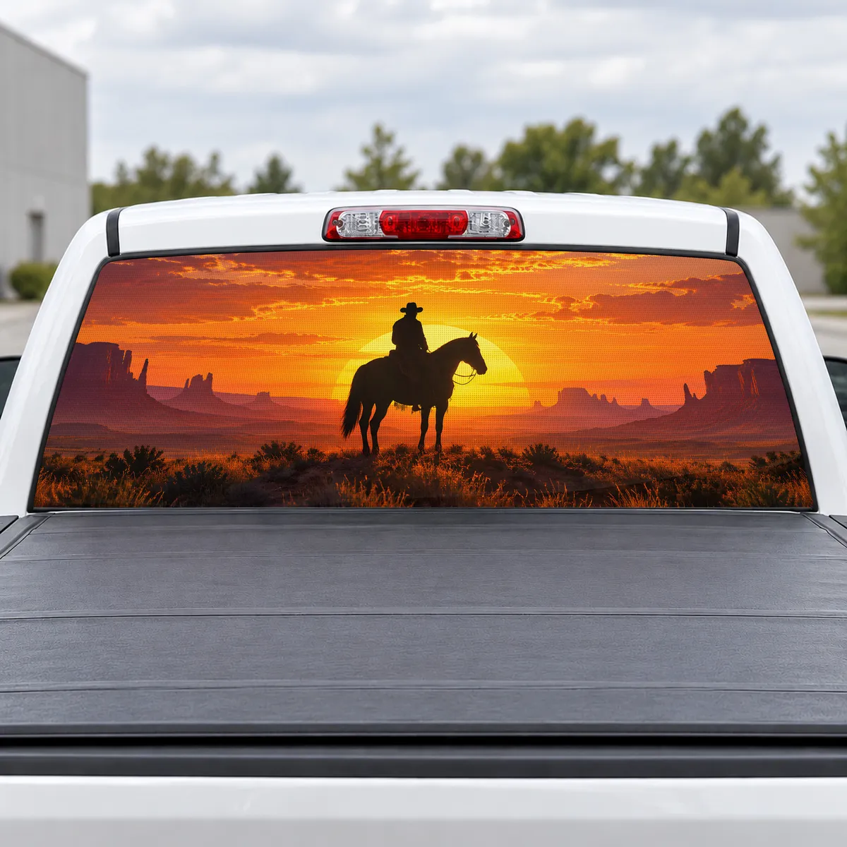 Sunset Cowboy perforated rear window decal for Trucks
