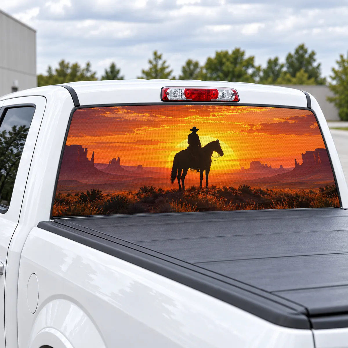 Sunset Cowboy perforated rear window decal for Trucks, view 2 of 4