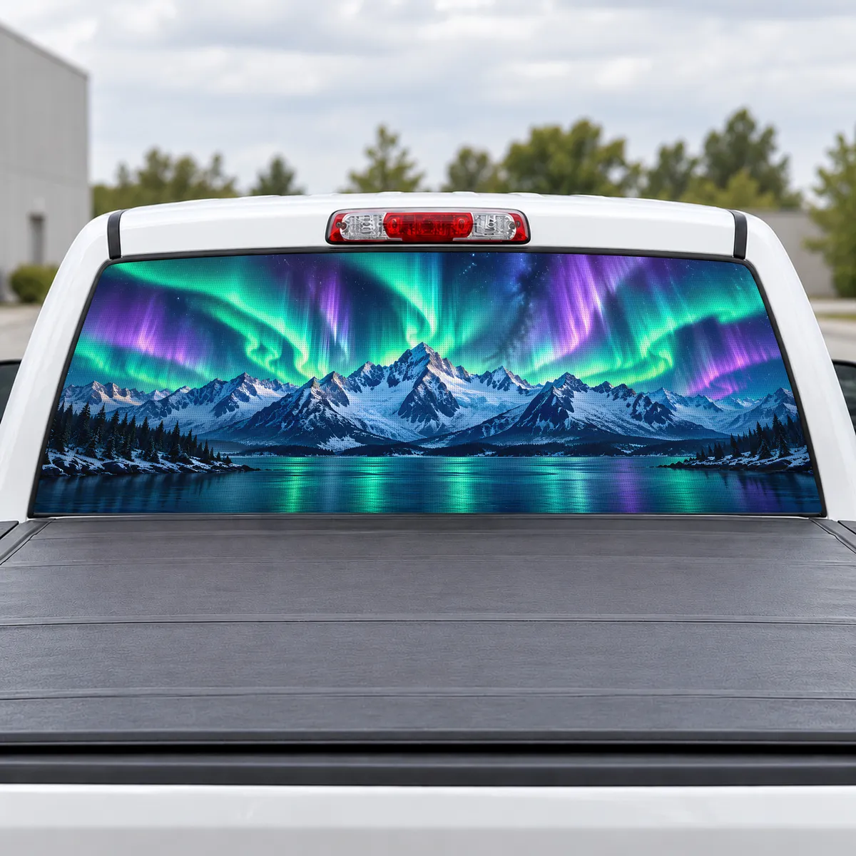 Aurora Peaks perforated rear window decal for Trucks