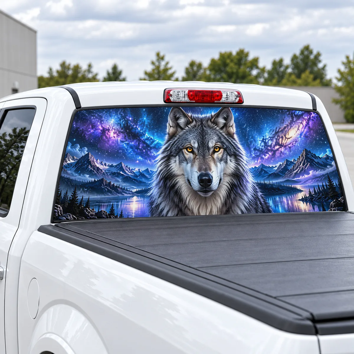 Starry Night Wolf perforated rear window decal for Trucks, view 2 of 4