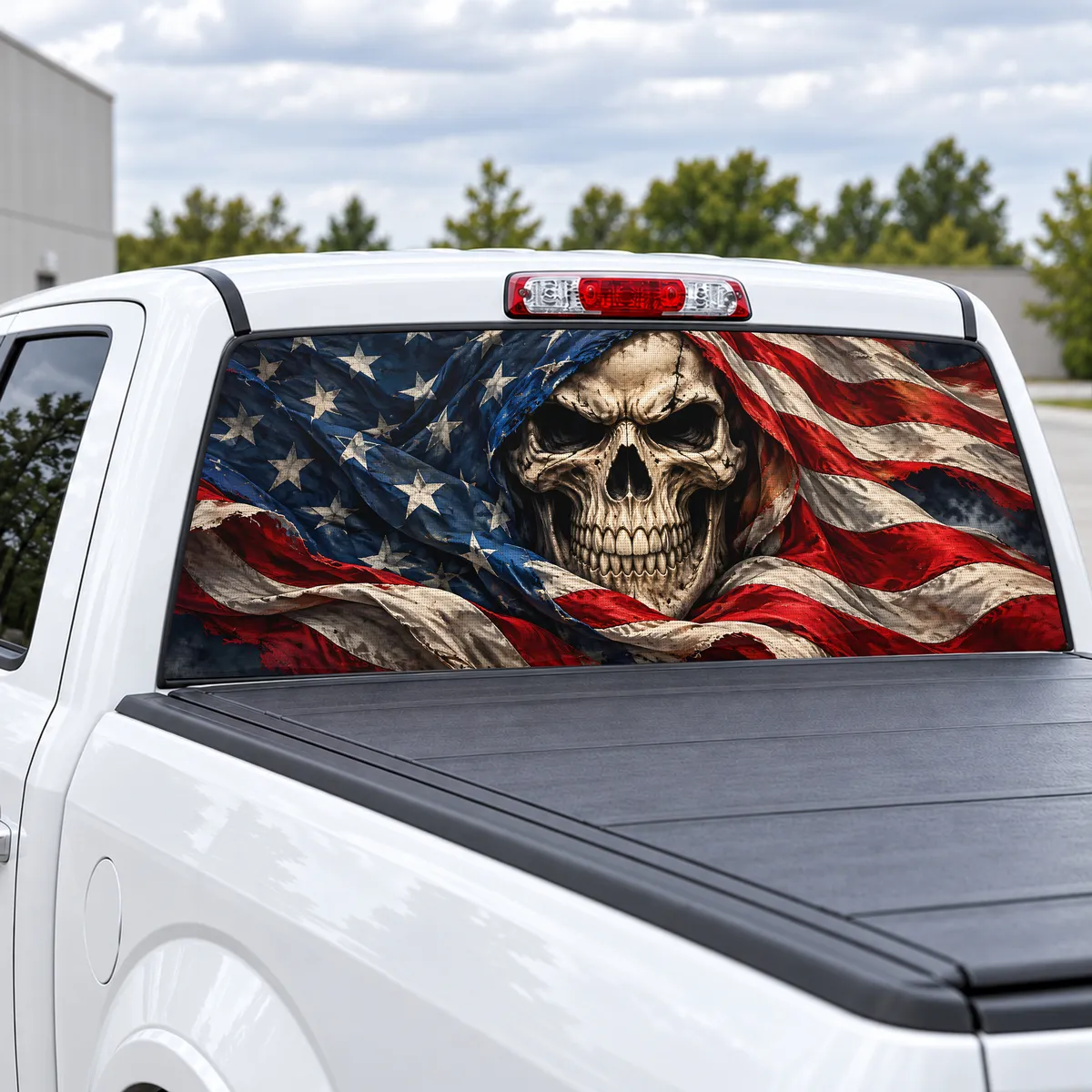 Skull and Stripes perforated rear window decal for Trucks, view 2 of 4