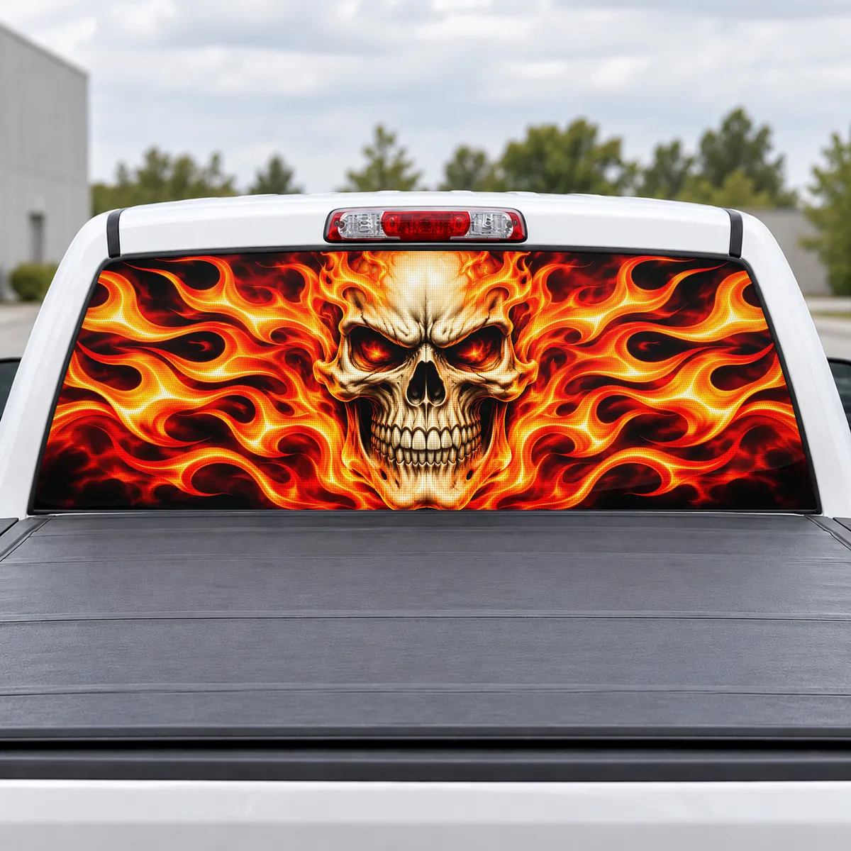 Flaming Skull perforated rear window decal for Trucks