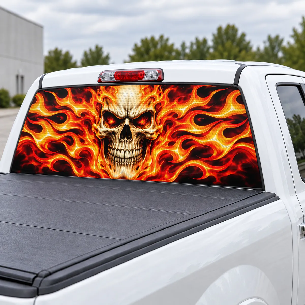 Flaming Skull perforated rear window decal for Trucks, view 3 of 4