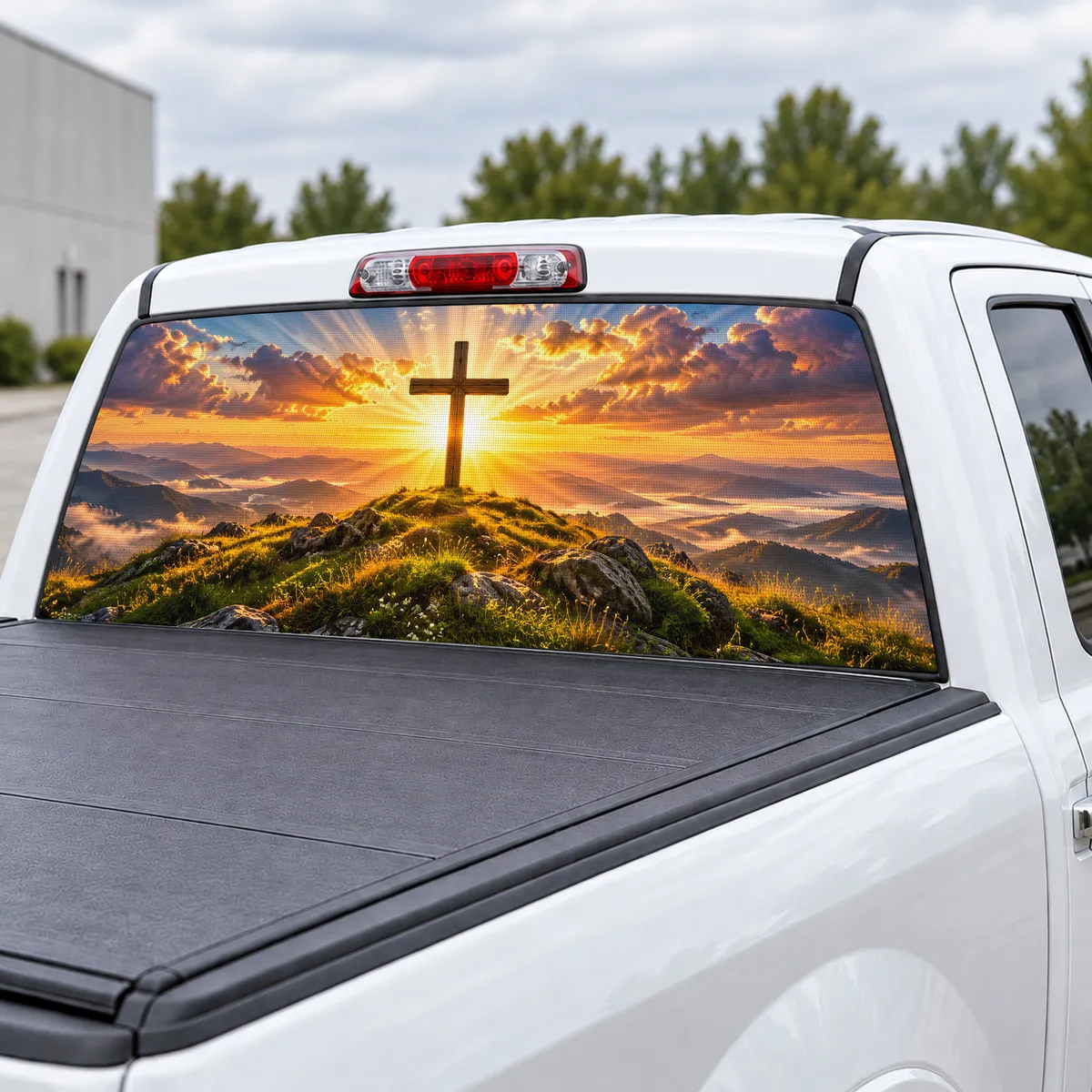 Hilltop Cross perforated rear window decal for Trucks, view 3 of 4
