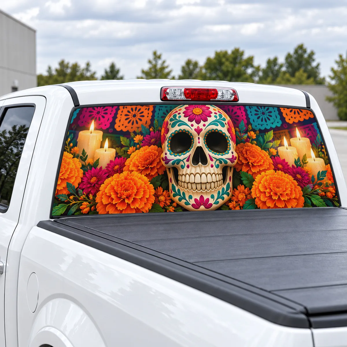 Calavera Catrina perforated rear window decal for Trucks, view 2 of 4
