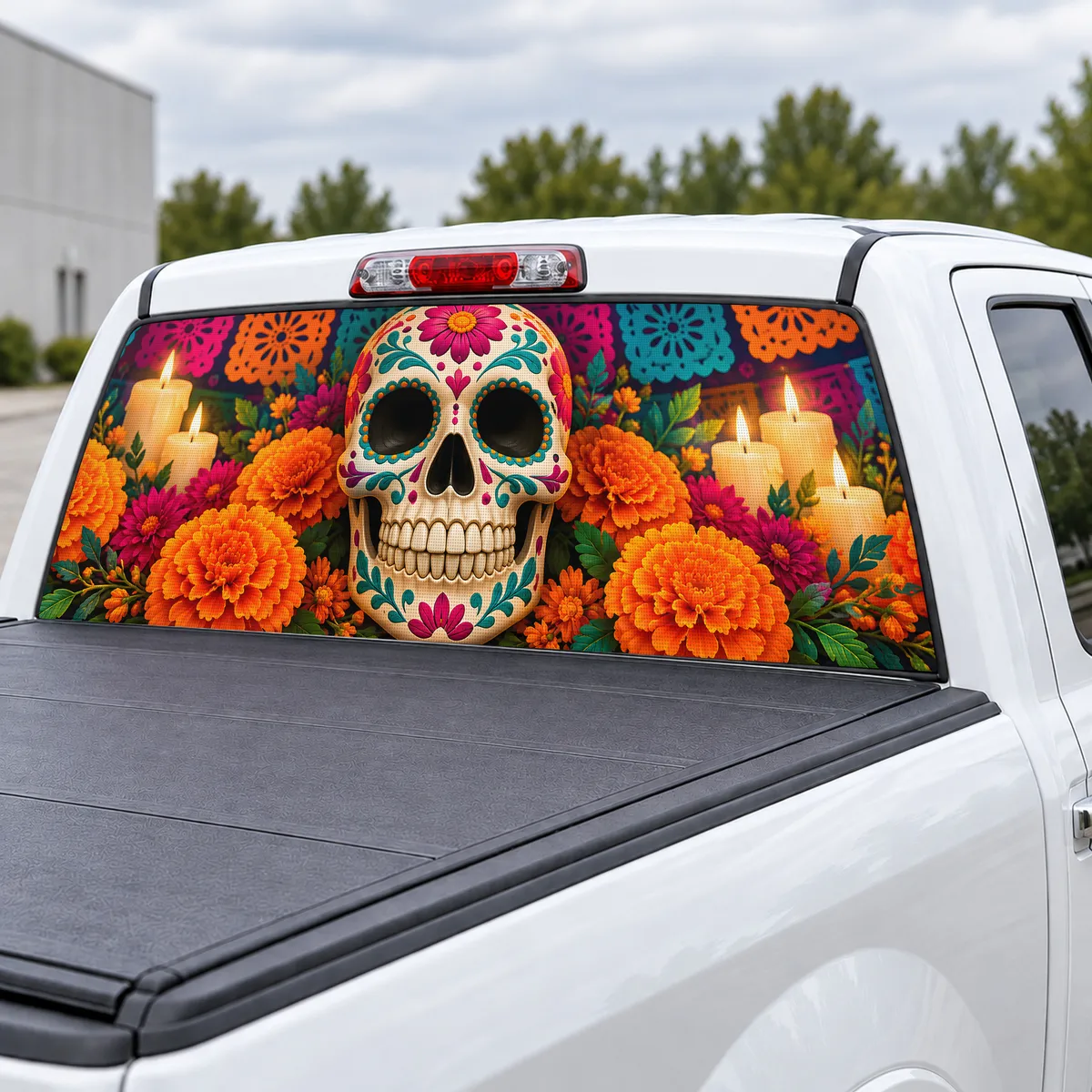 Calavera Catrina perforated rear window decal for Trucks, view 3 of 4