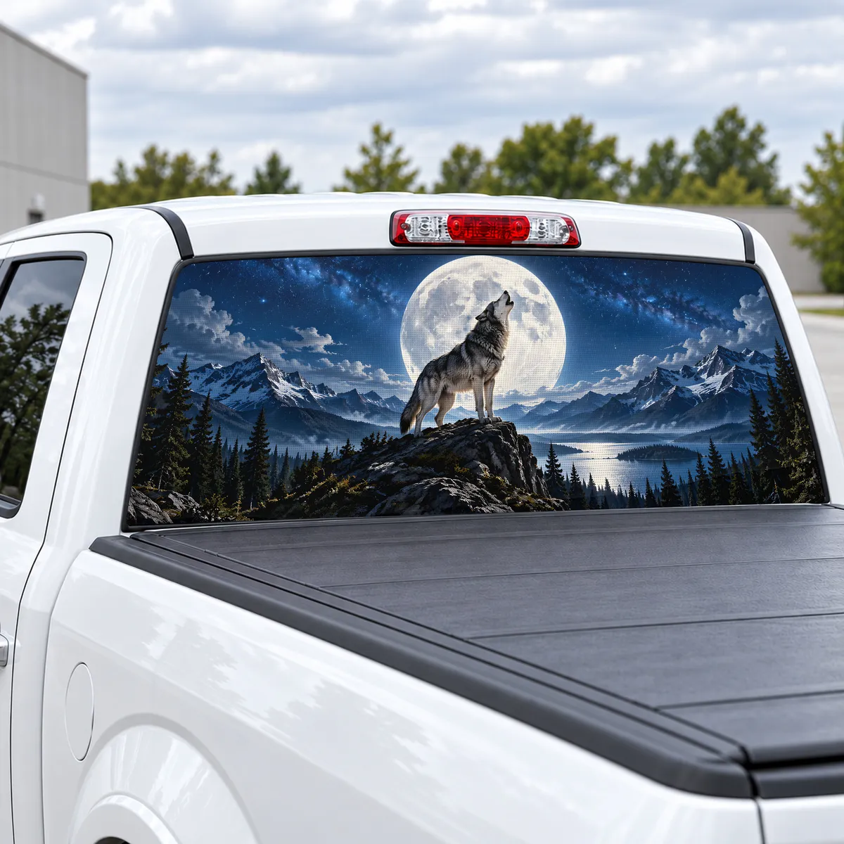 Lone Wolf Moon perforated rear window decal for Trucks, view 2 of 4