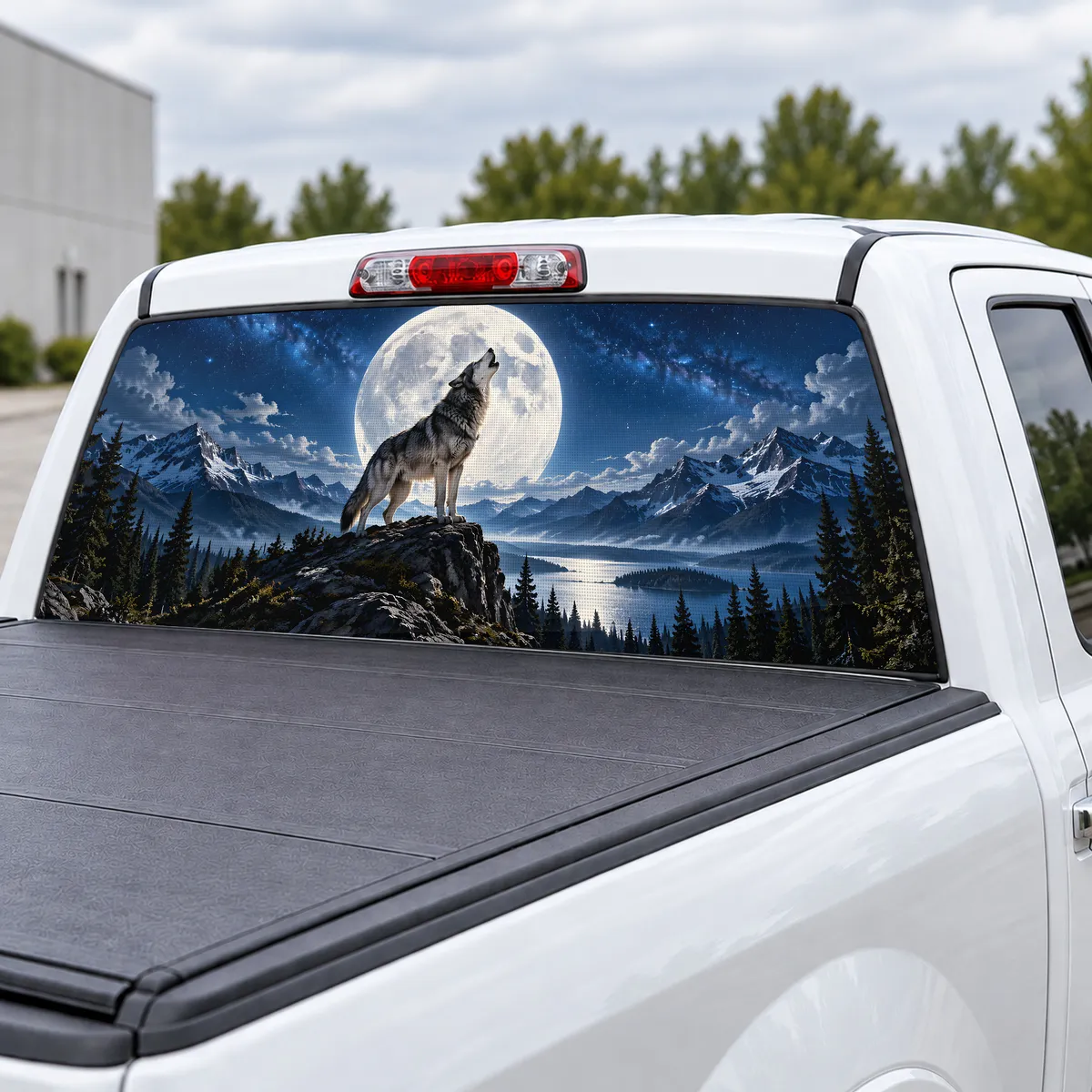 Lone Wolf Moon perforated rear window decal for Trucks, view 3 of 4