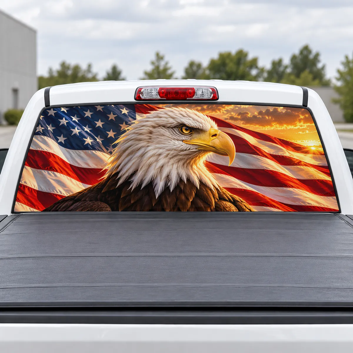 Eagle Over the Stripes perforated rear window decal for Trucks