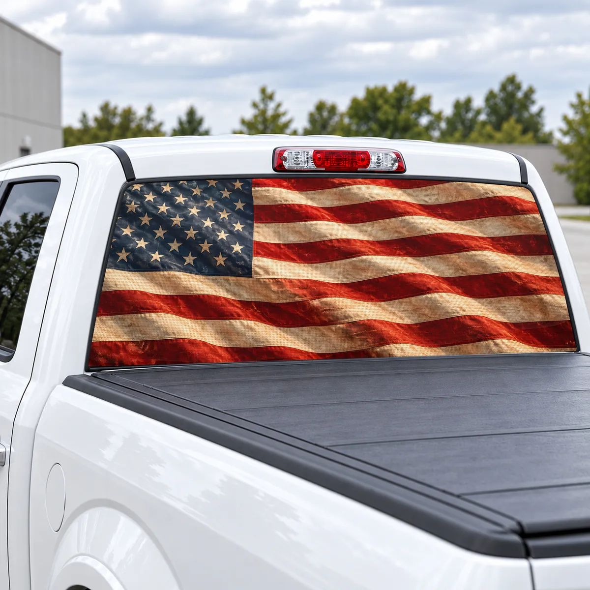 Distressed Old Glory perforated rear window decal for Trucks, view 2 of 4
