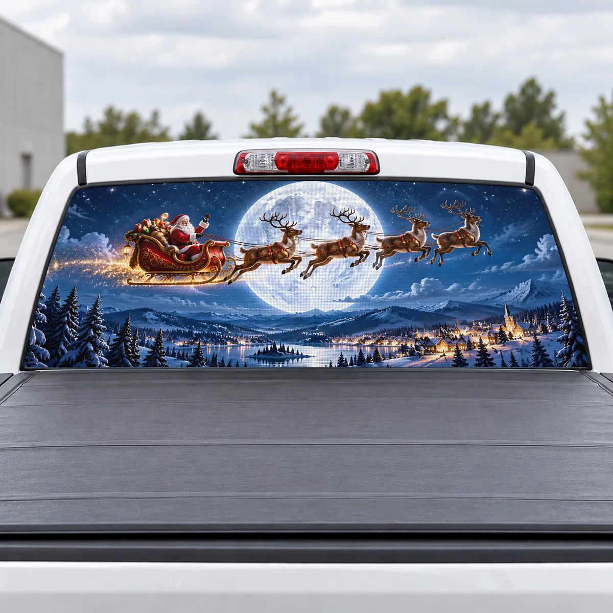 Santa Sleigh Moon perforated rear window decal for Trucks
