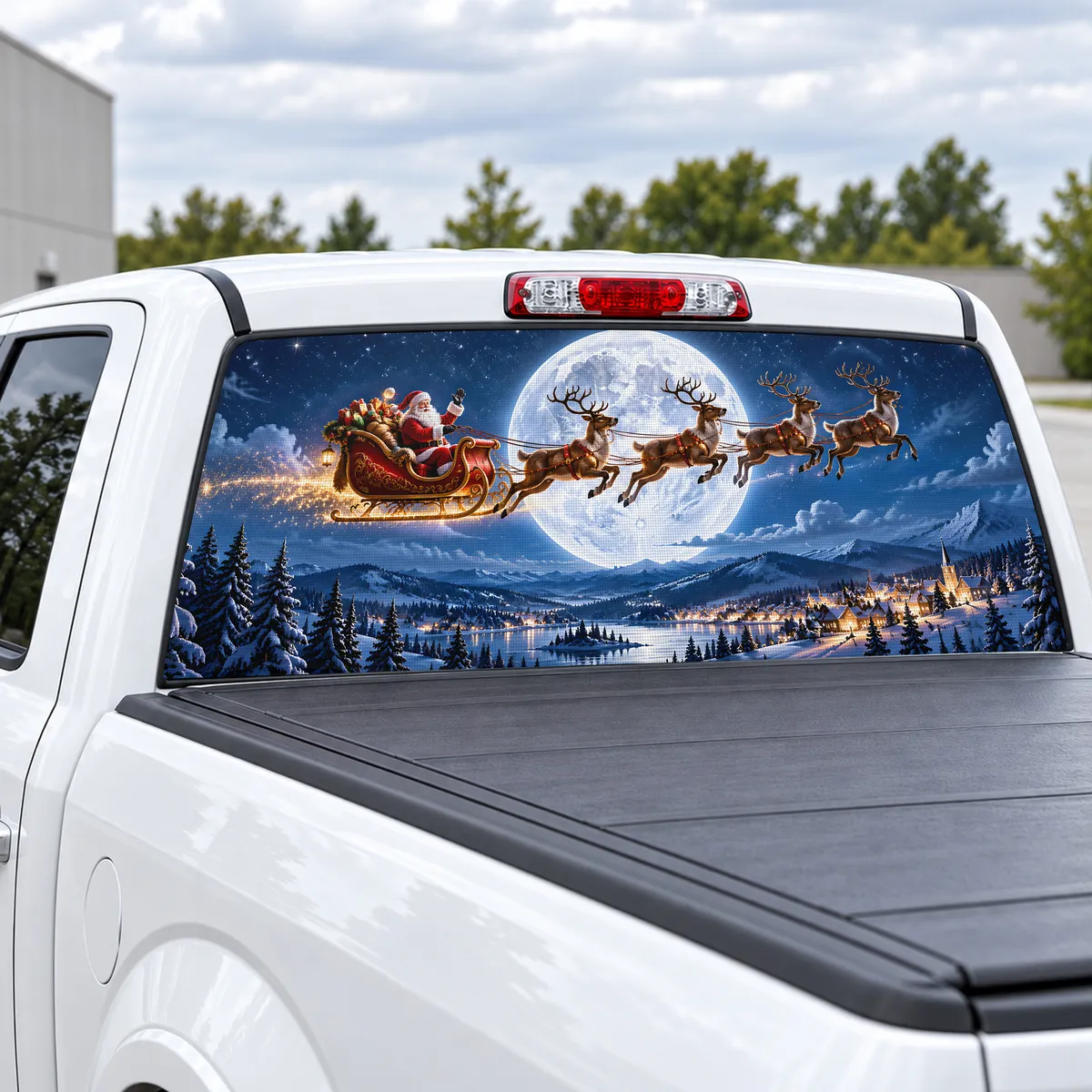 Santa Sleigh Moon perforated rear window decal for Trucks, view 2 of 4