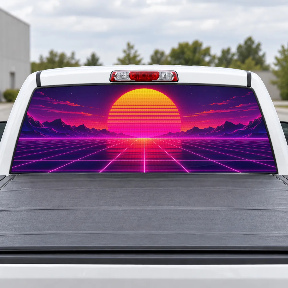 Synthwave Sunset perforated rear window decal for Trucks