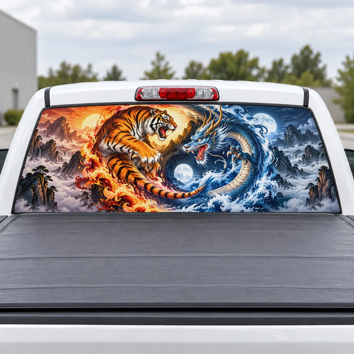 Tiger and Dragon perforated rear window decal for Trucks
