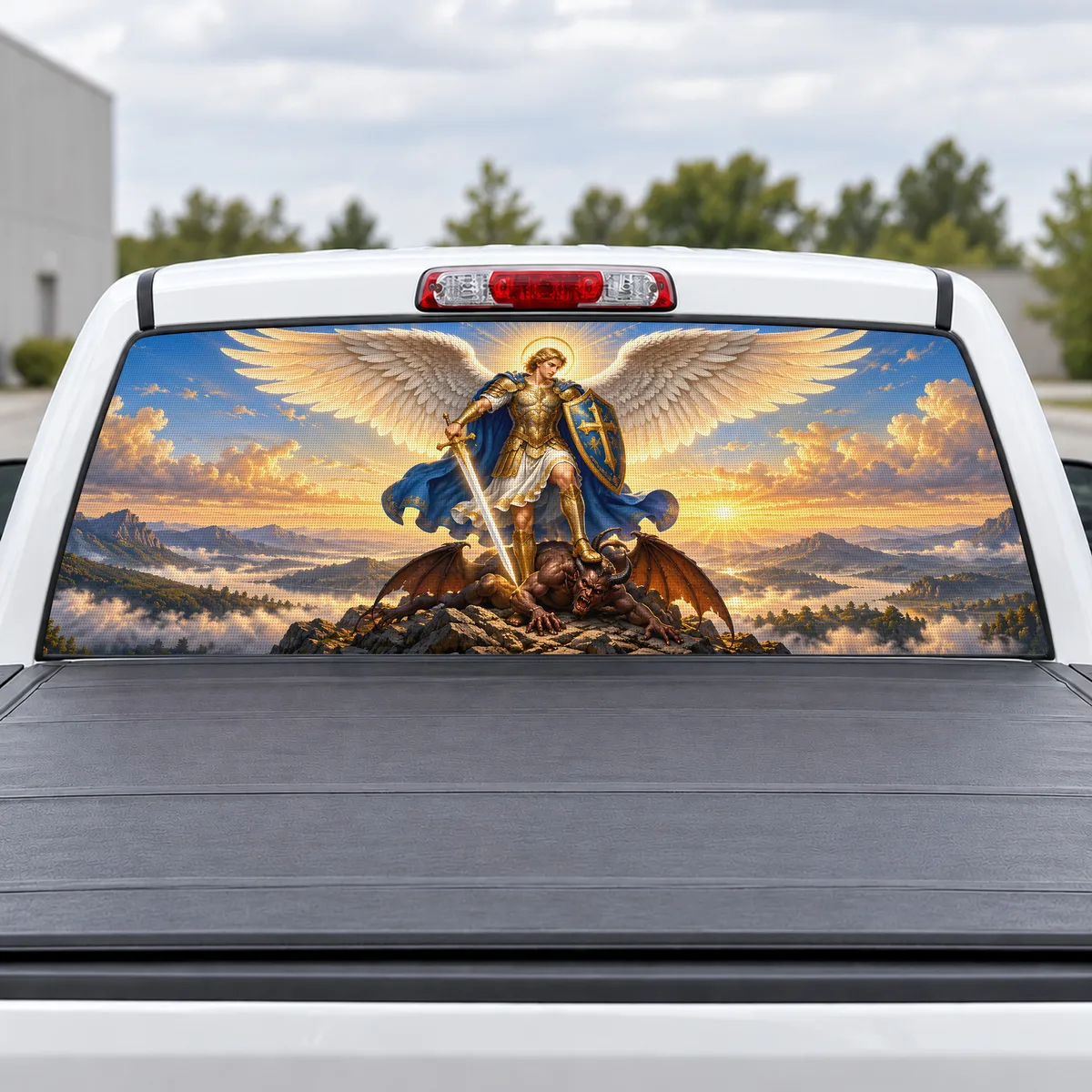 Saint Michael perforated rear window decal for Trucks