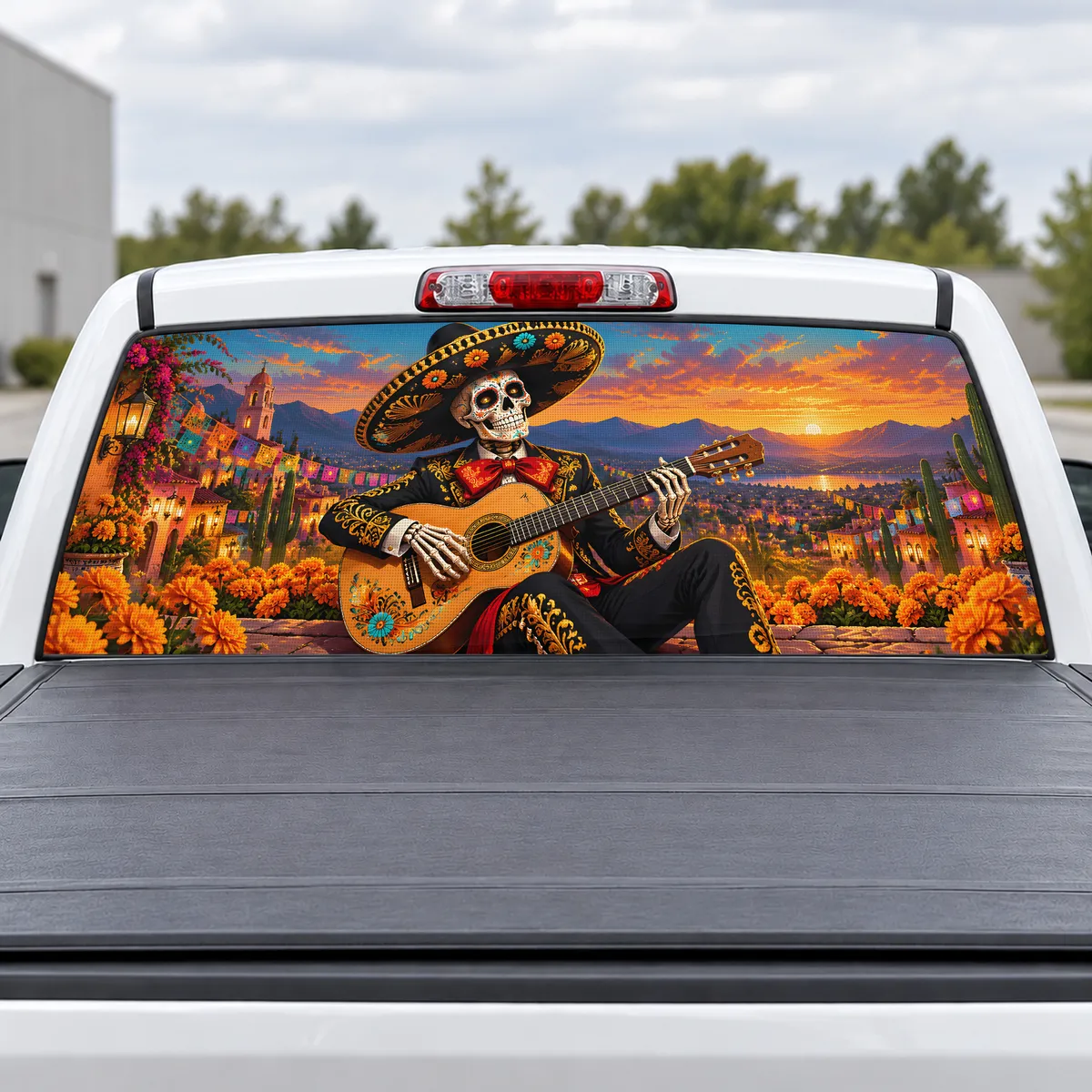Mariachi Skull perforated rear window decal for Trucks