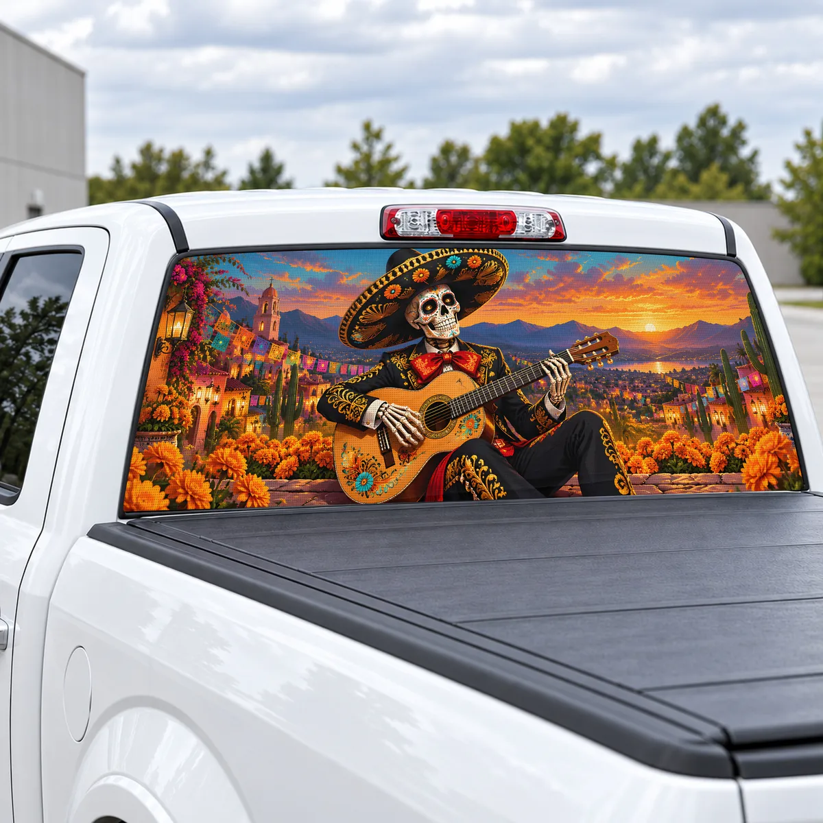 Mariachi Skull perforated rear window decal for Trucks, view 2 of 4