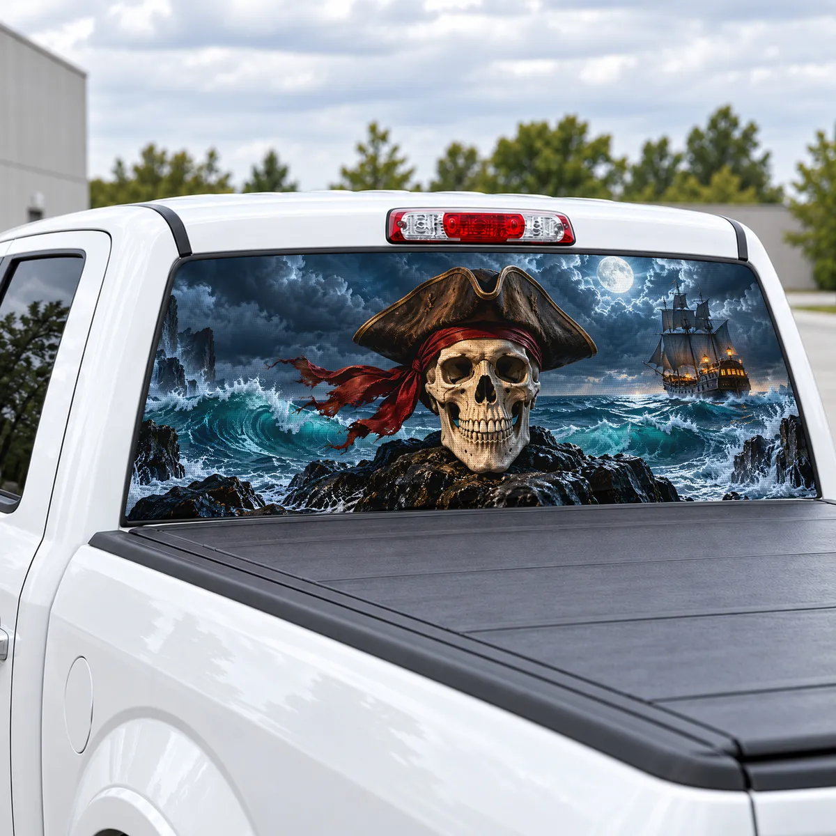 Pirate Skull perforated rear window decal for Trucks, view 2 of 4