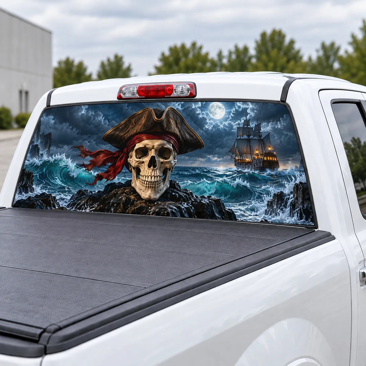 Pirate Skull perforated rear window decal for Trucks, view 3 of 4