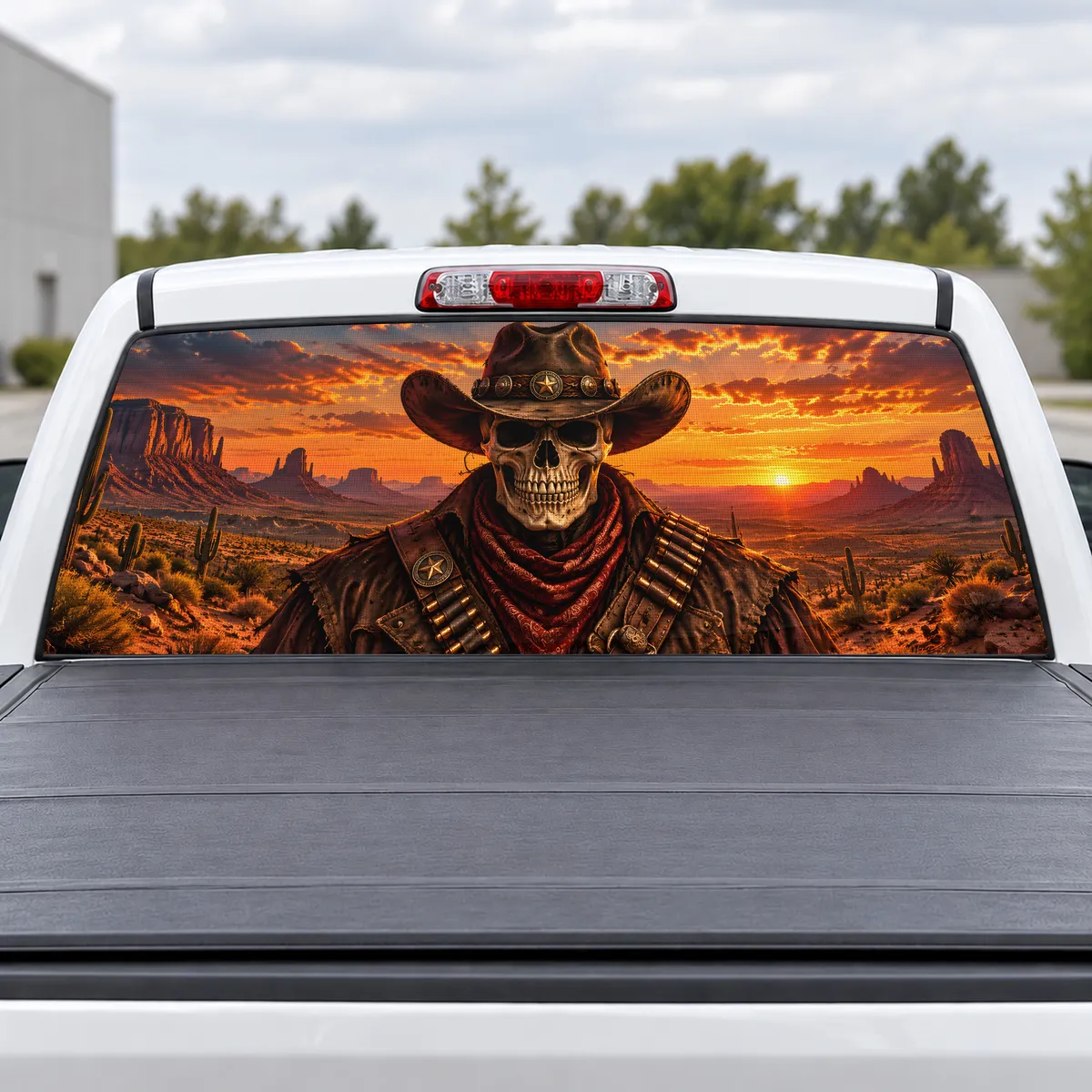 Cowboy Skull perforated rear window decal for Trucks