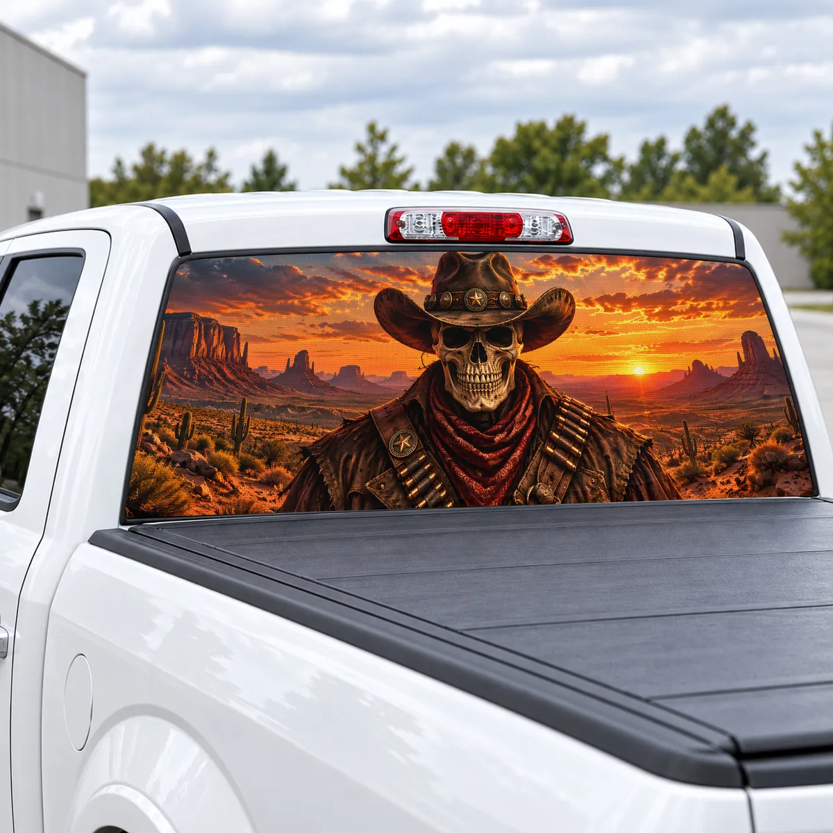 Cowboy Skull perforated rear window decal for Trucks, view 2 of 4