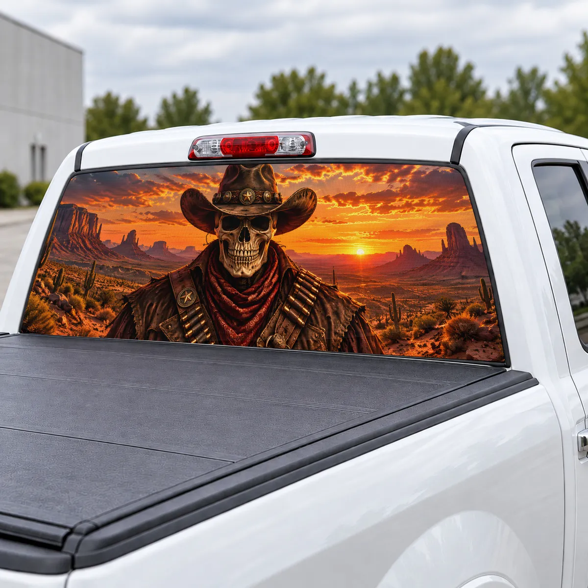 Cowboy Skull perforated rear window decal for Trucks, view 3 of 4