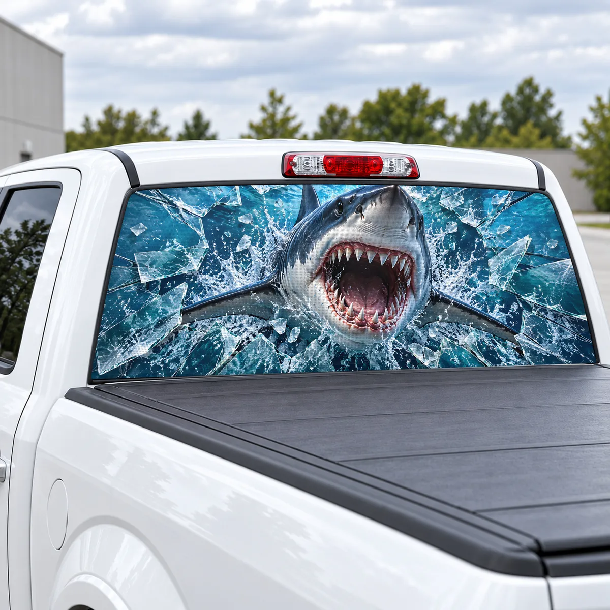 Shark Breakthrough perforated rear window decal for Trucks, view 2 of 4