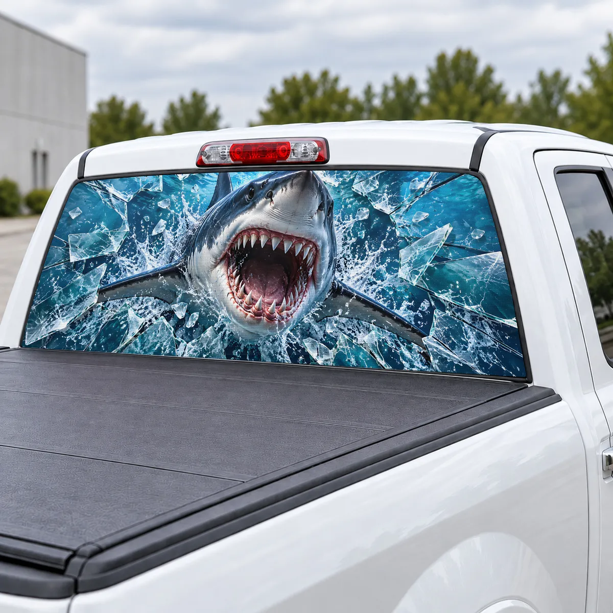 Shark Breakthrough perforated rear window decal for Trucks, view 3 of 4