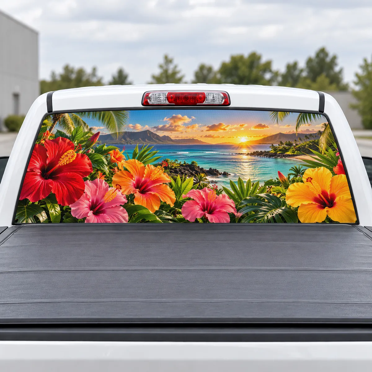 Hibiscus Paradise perforated rear window decal for Trucks