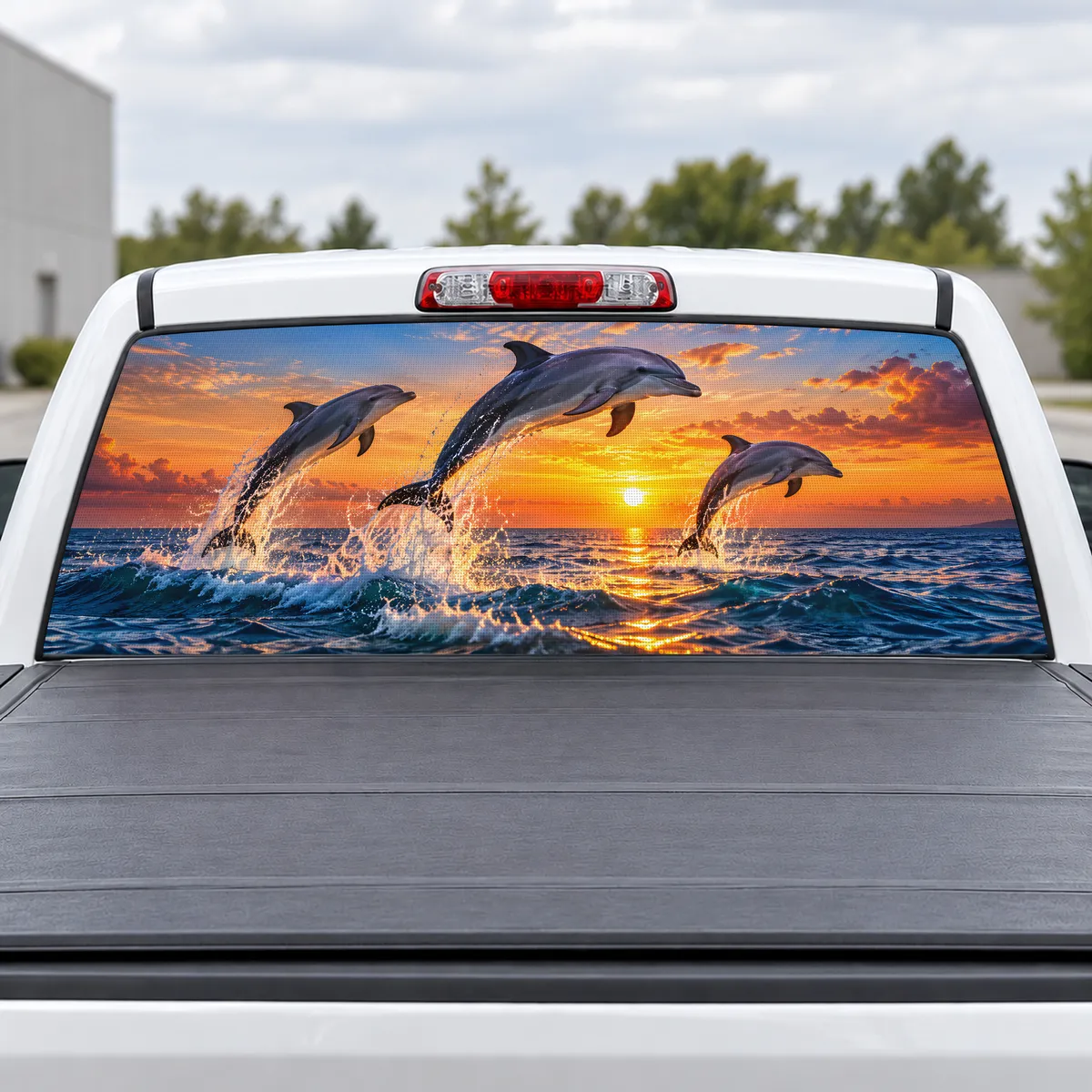 Dolphin Sunset perforated rear window decal for Trucks