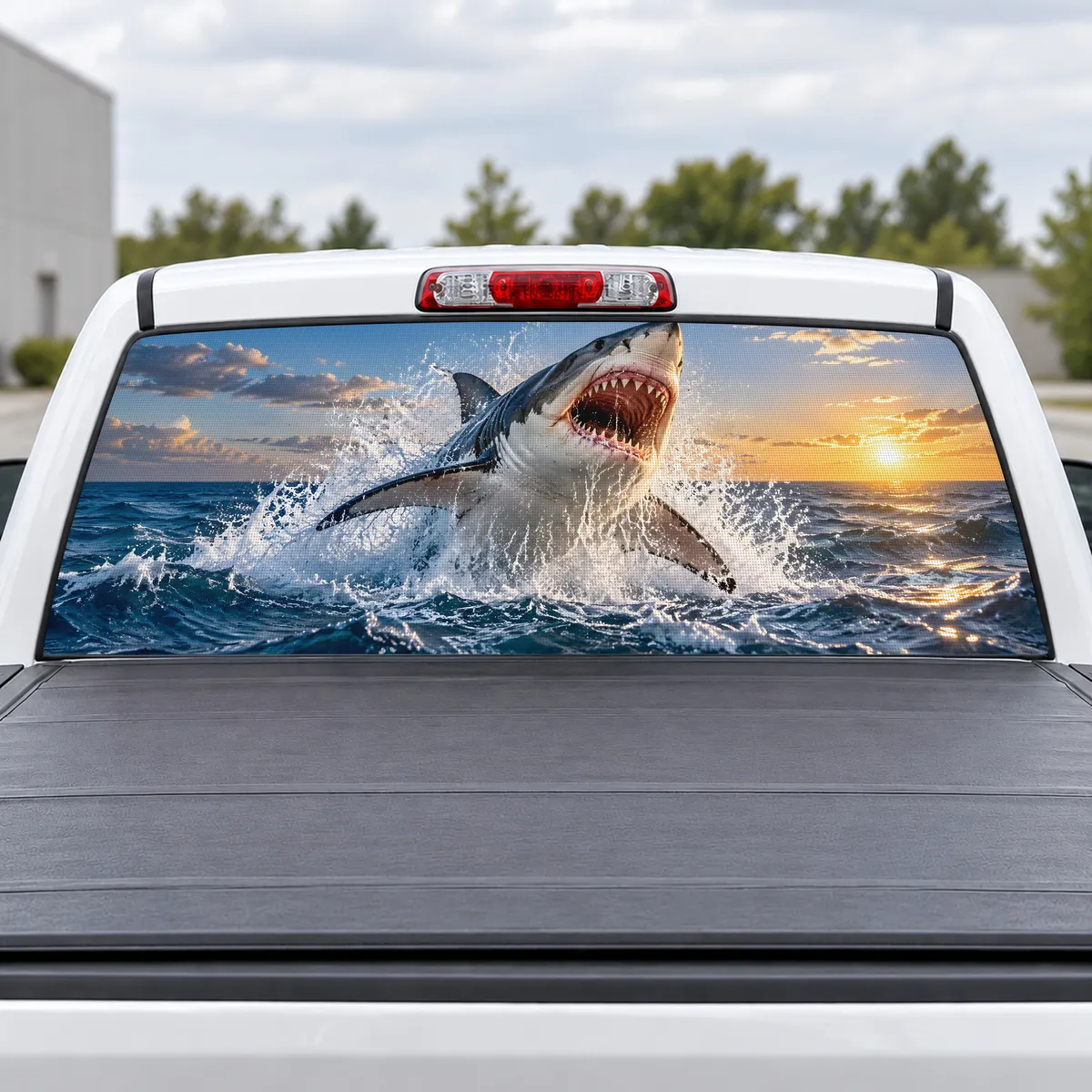 Shark Breach perforated rear window decal for Trucks