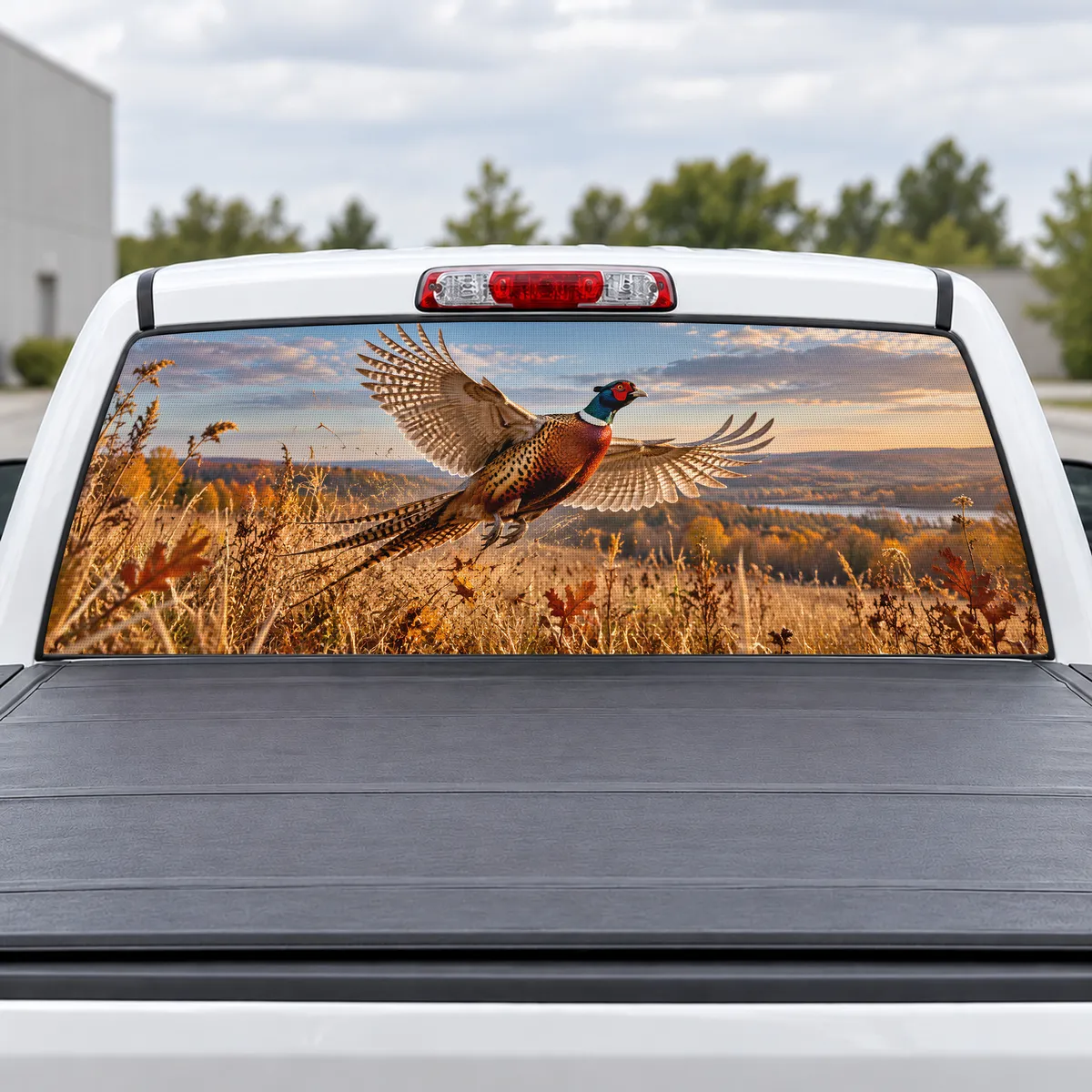 Pheasant Flush perforated rear window decal for Trucks