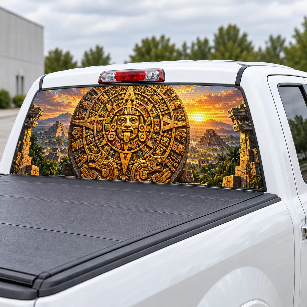 Aztec Sun Stone perforated rear window decal for Trucks, view 3 of 4