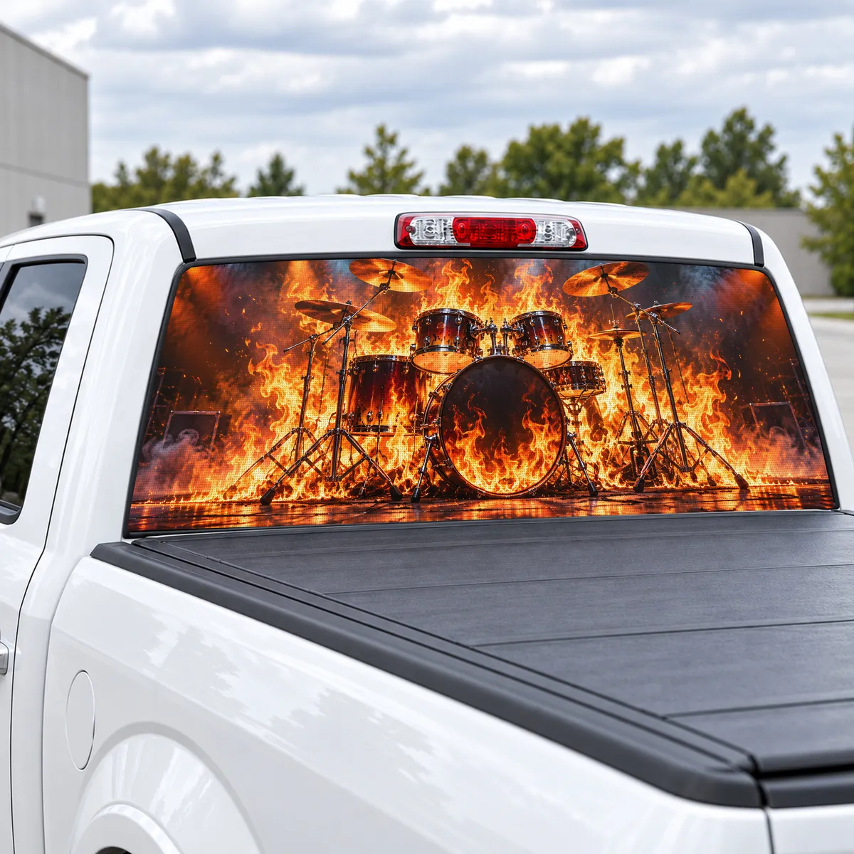 Drum Kit Fire perforated rear window decal for Trucks, view 2 of 4