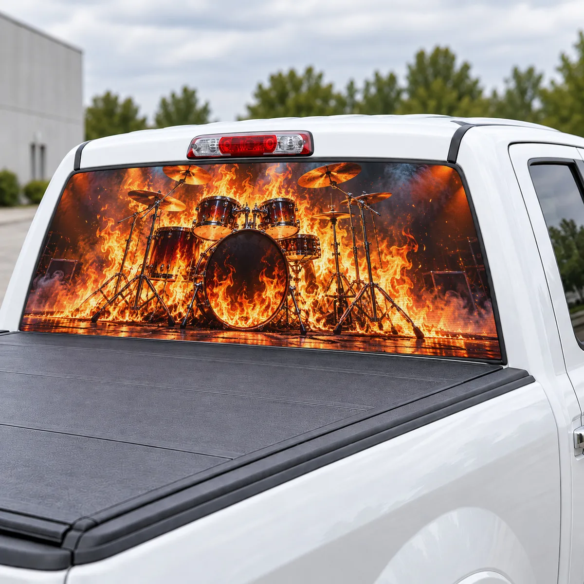 Drum Kit Fire perforated rear window decal for Trucks, view 3 of 4