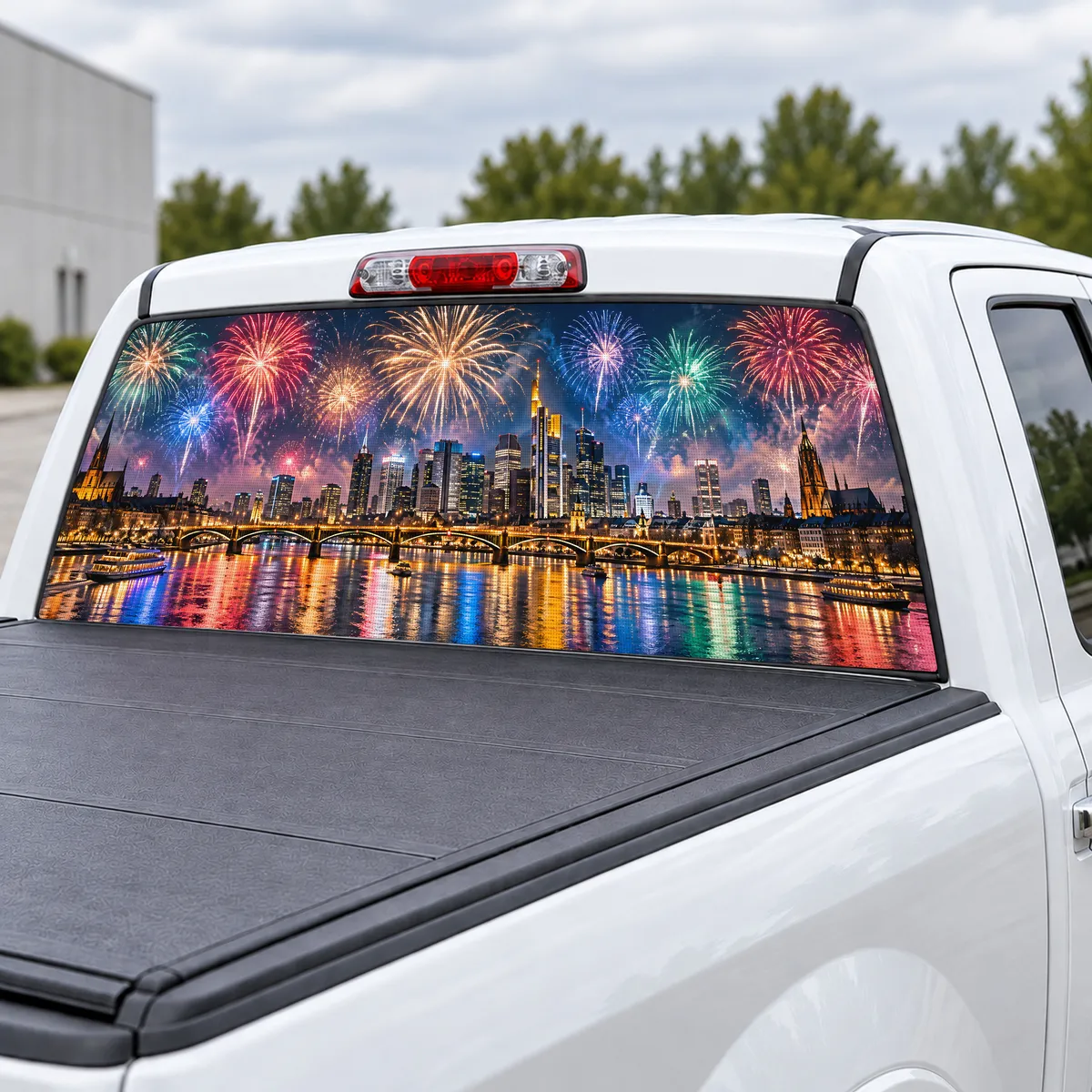 New Year Fireworks perforated rear window decal for Trucks, view 3 of 4