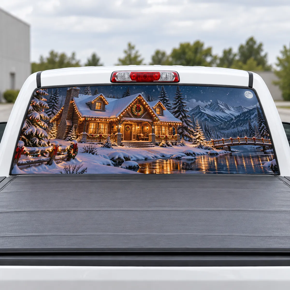 Christmas Lights Cabin perforated rear window decal for Trucks